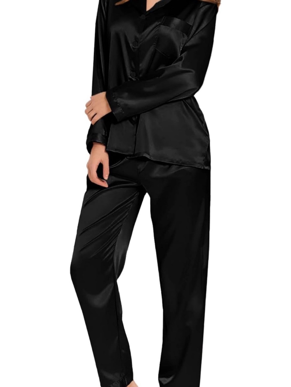 Satin Pajama Set - Black Long Sleeve Top & Pants